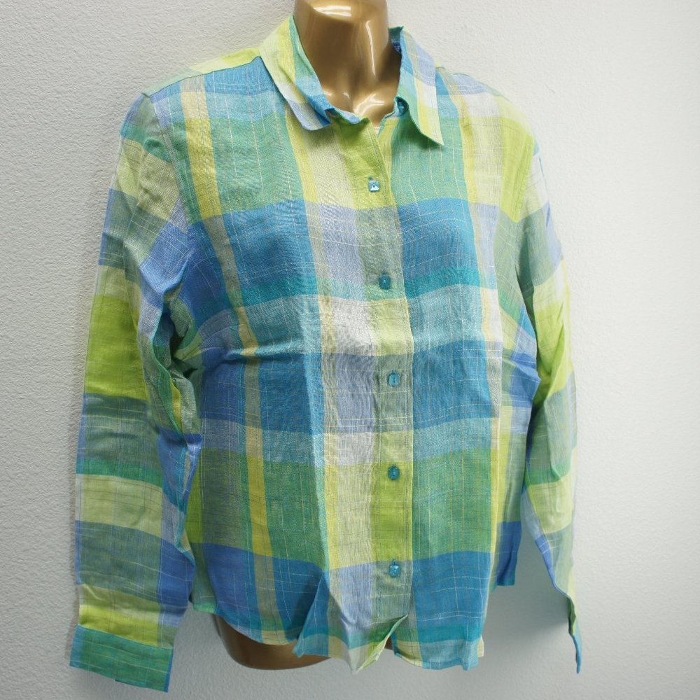Coldwater creek plaid linen blend blouse size L NWTS
